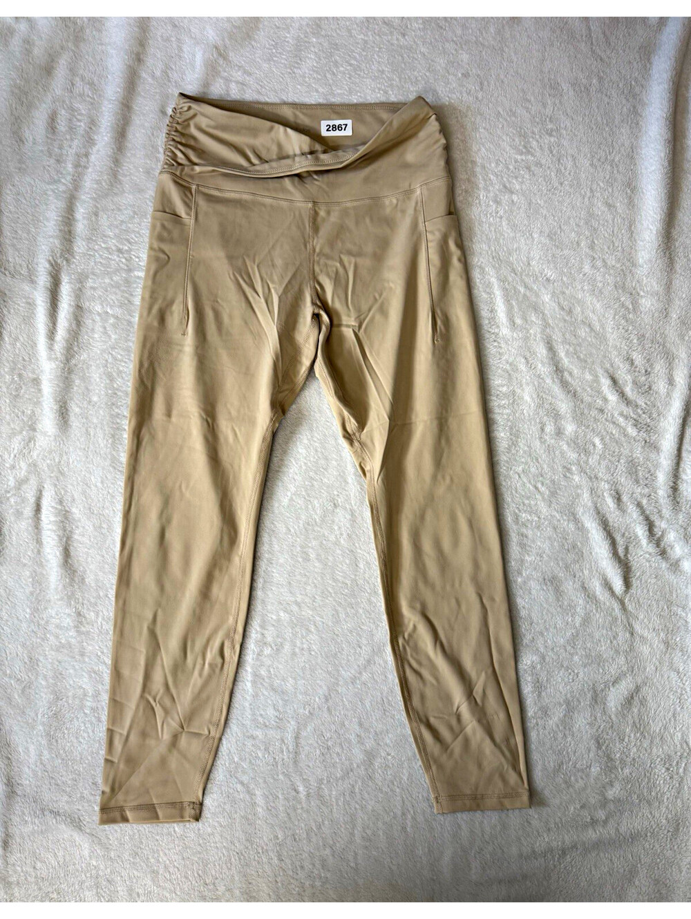 ododos Beige Solid Ankle Leggings Stretch Elastic Waist Yoga Women's L 22.3"